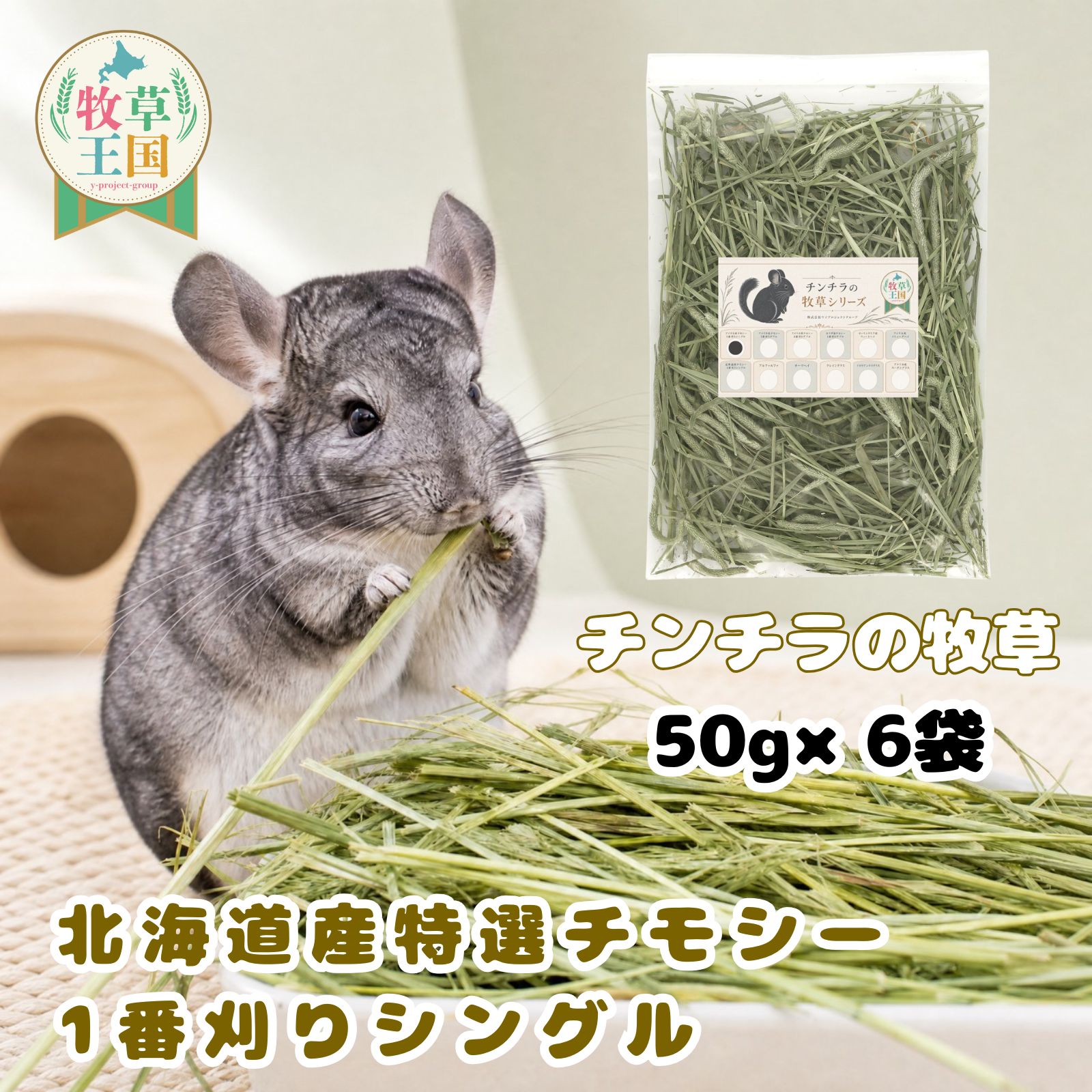 チンチラ 牧草 北海道産 特選チモシー 1番刈り シングル 50g×6袋 50g×12袋 ちんちら 餌 毛球症対策 不正咬合 繊維質 うっ滞防止 食いつき 健康ケア プレミアムフード もふぱふぇ セレクション 牧草王国 送料無料