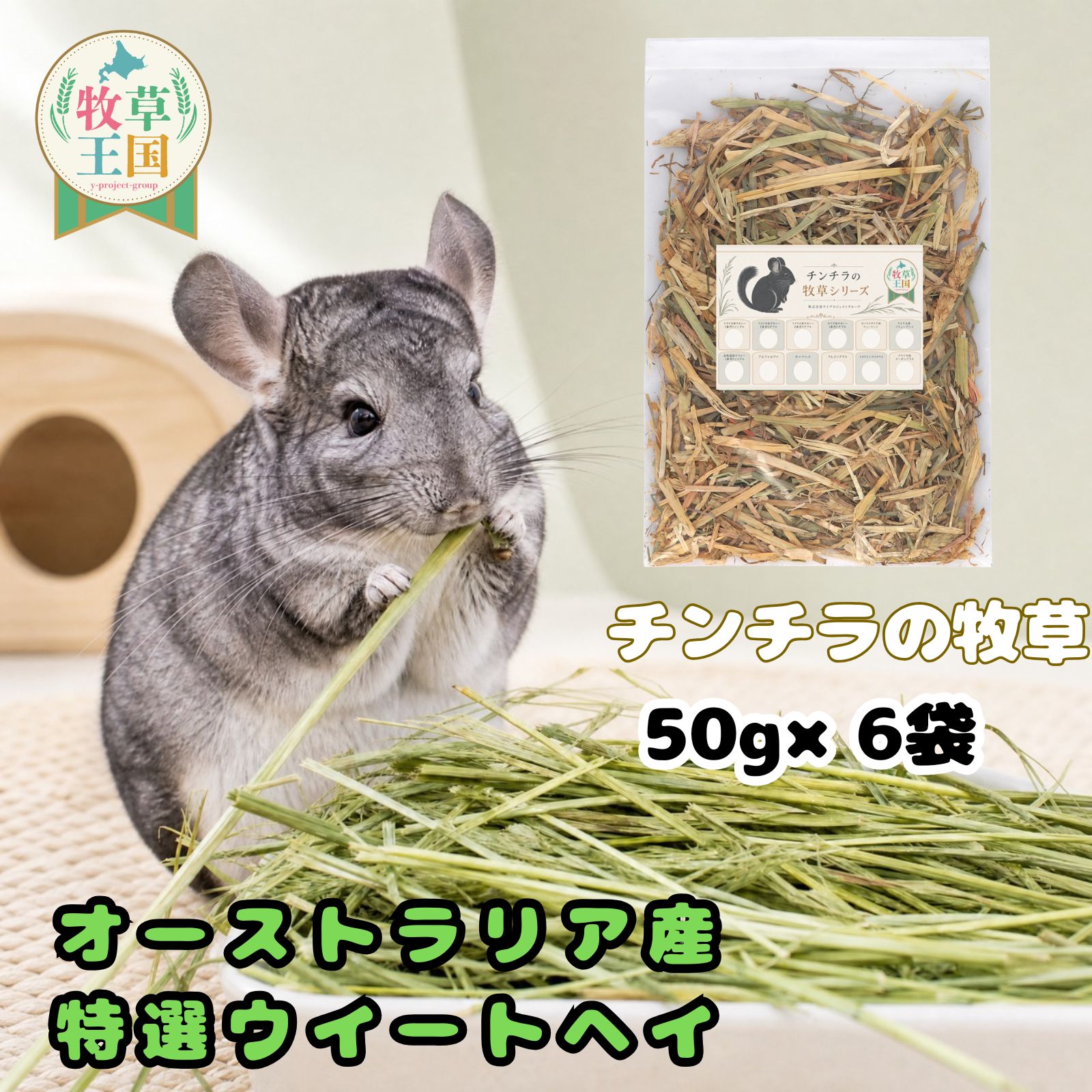 チンチラ 牧草 オーストラリア産 ウイートヘイ 50g×6袋 50g×12袋 ちんちら 餌 毛球症対策 不正咬合 繊維質 うっ滞防止 食いつき 健康ケア プレミアムフード おやつ 嗜好性抜群 もふぱふぇ セレクション 牧草王国 送料無料