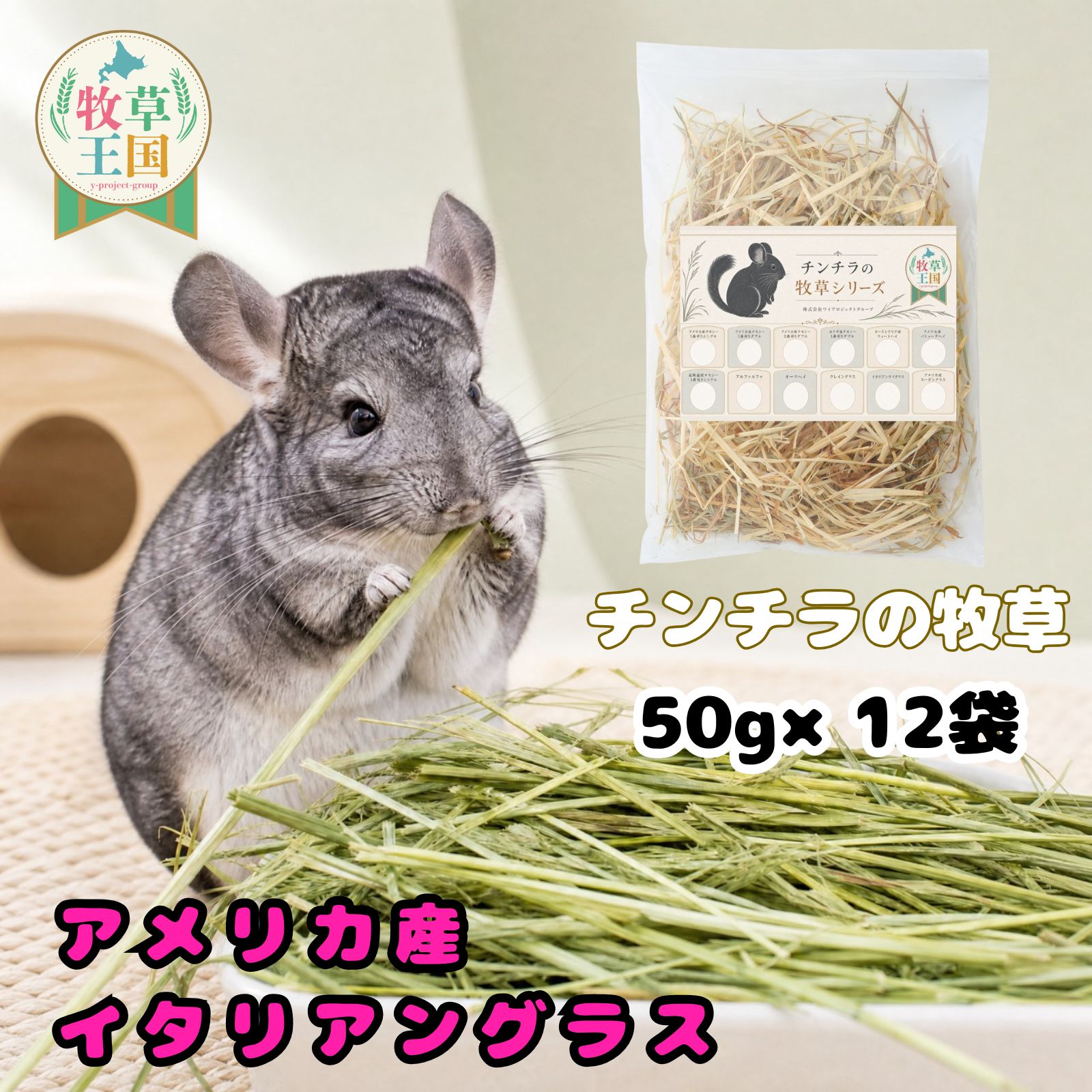 チンチラ 牧草 アメリカ産 イタリアンライグラス 50g×6袋 50g×12袋 ちんちら 餌 毛球症対策 不正咬合 繊維質 うっ滞防止 食いつき 健康ケア おやつ プレミアムフード 嗜好性抜群 もふぱふぇ セレクション 牧草王国 送料無料