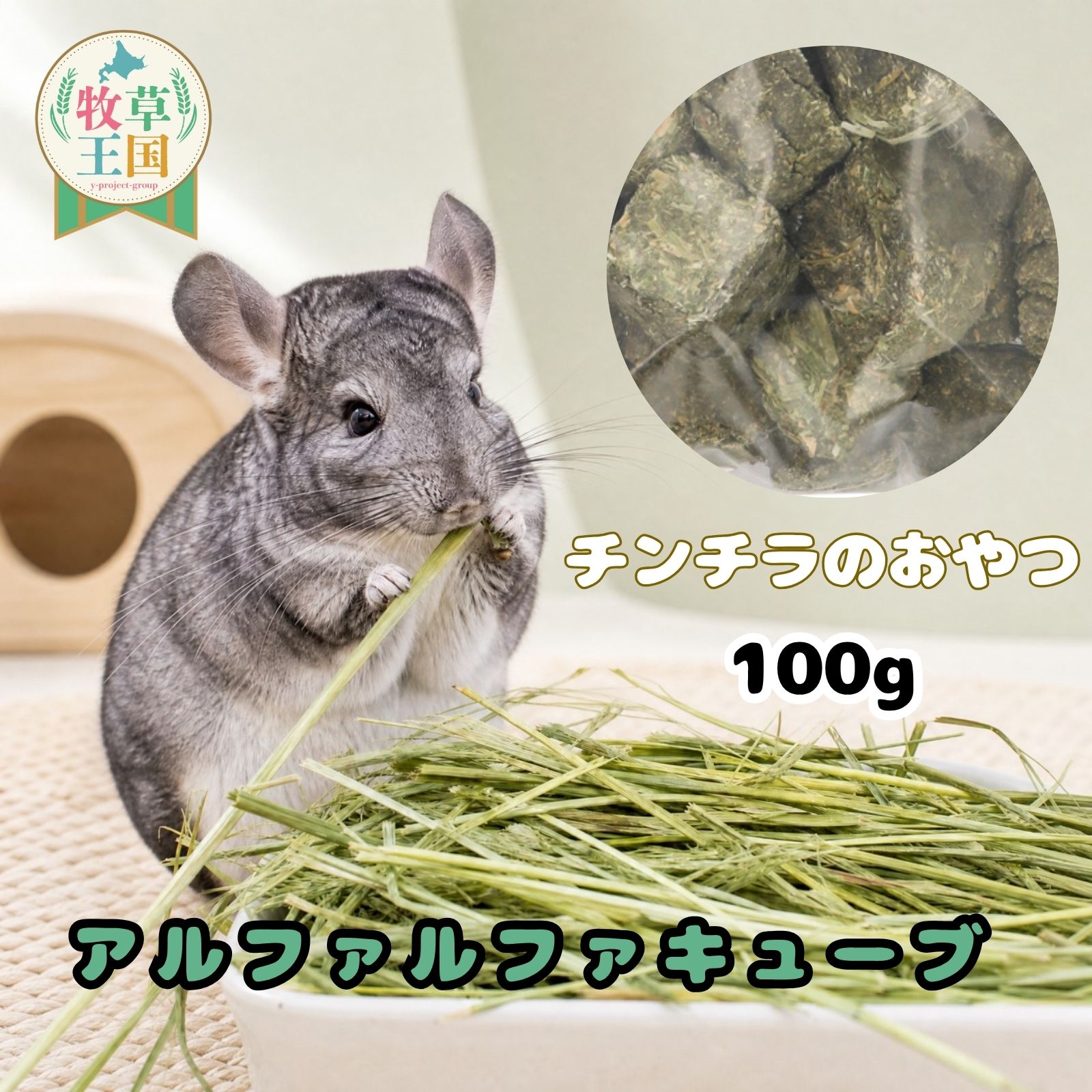 チンチラ 牧草 アルファルファキューブ 100g 食いつき 健康ケア 早食い防止 ちんちら おやつ 嗜好性抜群 ラベルレス もふぱふぇ 牧草王国 送料無料