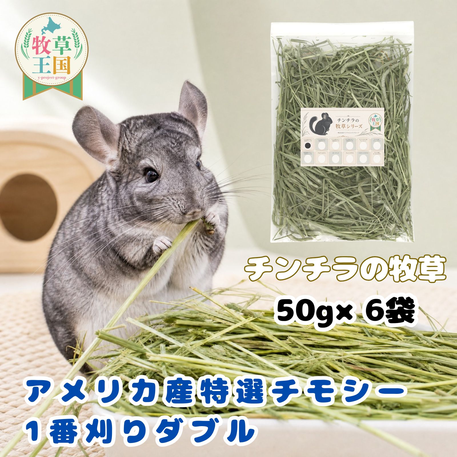 チンチラ 牧草 アメリカ産 特選チモシー 1番刈り ダブル 50g×6袋 50g×12袋 ちんちら 餌 毛球症対策 不正咬合 繊維質 うっ滞防止 食いつき 健康ケア プレミアムフード もふぱふぇ 牧草王国 セレクション 送料無料