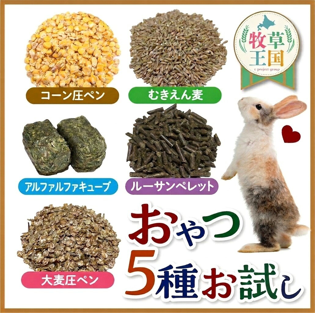 うさぎ おやつ ペレット 牧草 お試しセット 50g×5種類 うさぎ 牧草 キューブ フード アルファルファキューブ ルーサンペレット 大麦圧ペン コーン圧ペン 麦 ウサギ 餌 牧草王国 mofu parfait もふぱふぇ ※ オーツヘイ ではありません sss