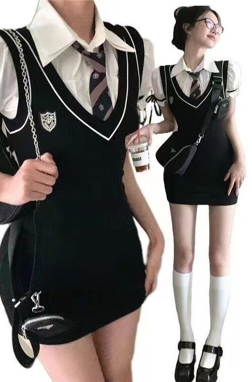 制服風 プレッピー ニットワンピースセット ミニスカート ミニワンピ スクール風 学生 半袖 長袖 タイト エレガント レディース クラシカル シック 大人 かわいい おしゃれ シャツ 春夏秋冬 着痩せ Y2K ワンホン 韓国 黒 白 リボン ネクタイ