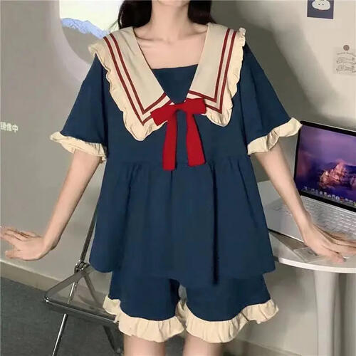 レディース 夏用 セーラー風 フリル リボン パジャマ ネイビー 青 レース 半袖 ワンピース ショートパンツ 大きいサイズ ポリエステル 薄手 韓国 かわいい おしゃれ 姫系 部屋着 可愛い お揃い セット 春用 プリンセス ロリータ 女の子