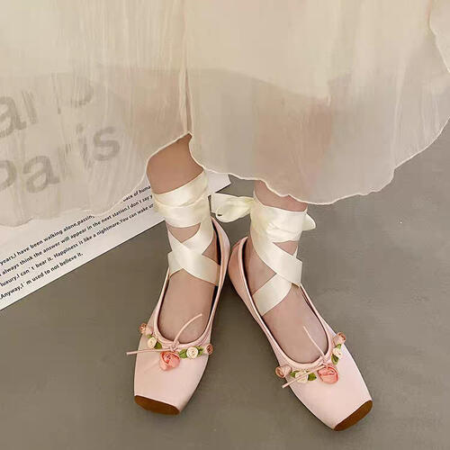 レディース スクエアトゥ ローズ レースアップ パンプス バレエシューズ リボン サテン バレエコア バ..