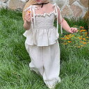 子ども服 女の子 キッズ ベビー 夏服 セットアップ ノースリーブ キャミソール リボン ギャザー フリル 長ズボン 上下セット コットン ガーゼ おしゃれ