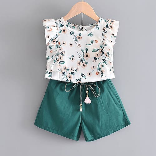 子ども服 女の子 キッズ 夏服 セットアップ ブラウス ショートパンツ ノースリーブ フリル 肩出し 花柄 総柄 グリーン おしゃれ 大人っぽい お出かけ 子ども服 女の子 キッズ 夏服 セットアップ ブラウス ショートパンツ ノースリーブ フリル 肩出し 花柄 総柄 グリーン おしゃれ 大人っぽい お出かけ