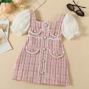 子ども服 女の子 キッズ 夏服 ワンピース ドレス 半袖 パフスリーブ 膝丈 ツイード ピンク チェック タイト レトロ パールボタン 大人っぽい おしゃれ