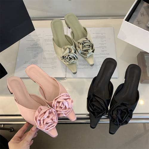 ミュール レディース 靴 大人 夏 サンダル ポインテッドトゥ 花 フラット ペタンコ かかとなし 黒 ピンク グリーン きれいめ おしゃれ ローズ 韓国 バレエコア