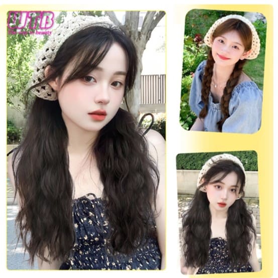 ウィッグ 付き 帽子 バンダナ 部分 大人 自然 薄毛 ミディアム ロング カール ウェーブ パーマ レディース かわいい 夏 普段 使い ホワイト
