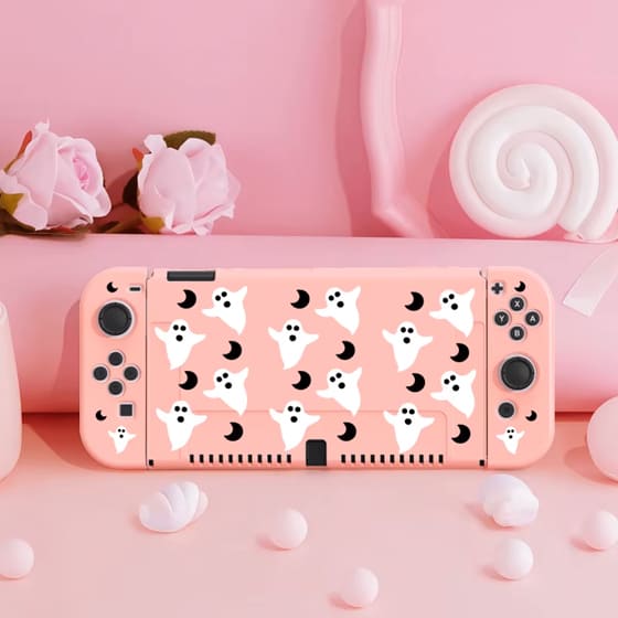 任天堂 Nintendo Switch スイッチ OLED 保護 ケース シール かわいい お化け ゴースト ピンク 有機EL 着せ替え 傷防止 取り外し 持ち運び