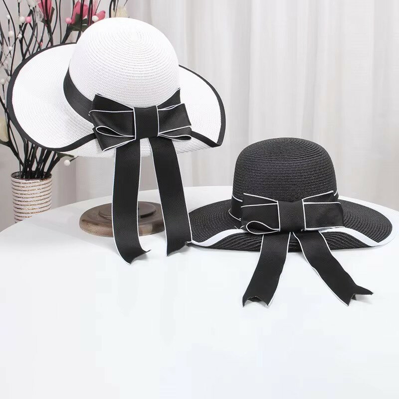 麦わら帽子 レディース サンハット 折りたたみ式 日焼け止め UV対策 夏用 カジュアルファション 2色 ブラック ホワイト つば広 ビーチ リボン おしゃれ 韓国 バイカラー レトロ かわいい シンプル リボン 黒 白 シック