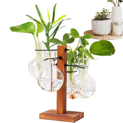 Interior Accessories - 全2種 花瓶 4個 一輪挿し ガラス 透明 木製 フラスコ おしゃれ ベース 北欧 韓国 インテリア ヴィンテージ 枝物 観葉植物 ドライフラワー