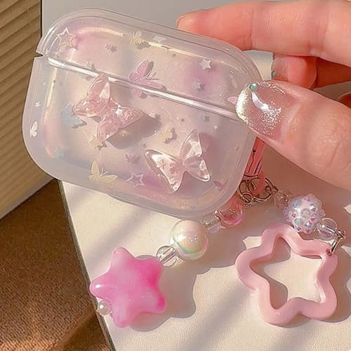 Airpods ケース イヤホン カバー 1 2 ピンク 蝶 星 ソフト3D シリコン 保護 フィット キラキラ 持ち運び かわいい ゆめかわ 韓国 チャーム付き Airpods ケース イヤホン カバー 1 2 ピンク 蝶 星 ソフト3D シリコン 保護 フィット キラキラ 持ち運び かわいい ゆめかわ 韓国 チャーム付き