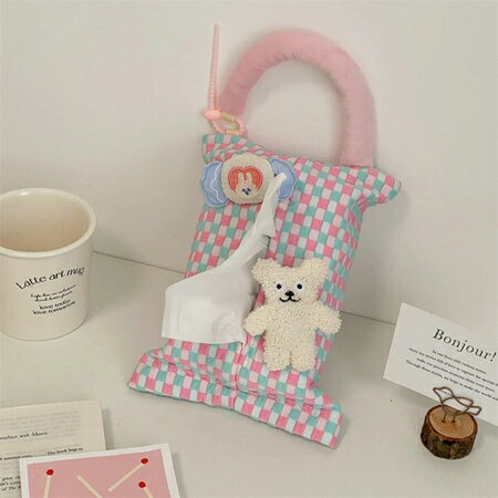 車用 吊り下げ パステル ティッシュケース 後部座席 ファブリック ティッシュカバー 韓国 ぬいぐるみ ..