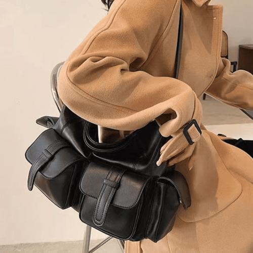 楽天YPSHOP 楽天市場店レディース ヴィンテージ レザー ダブルポケット ショルダーバッグ トートバッグ 韓国 おしゃれ 大容量 PUレザー 革 かっこいい Y2K トレンド デカショルダー 大きめ 旅行 ライブ ユニセックス シンプル 黒