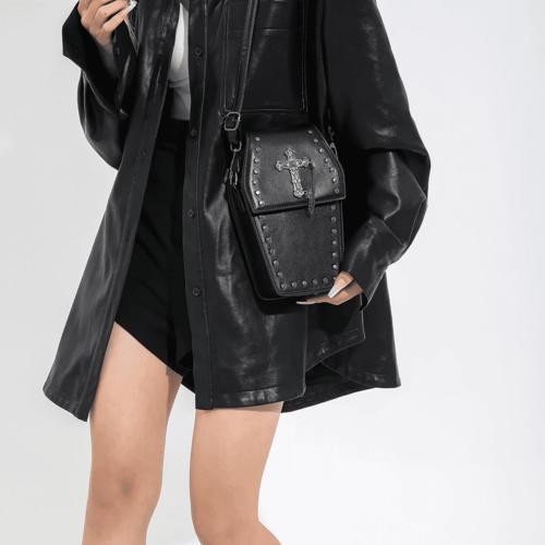 レディース ゴシック ミニ ショルダーバッグ ポシェット 黒 棺風 かわいい ゴスロリ おしゃれ クロスボディバッグ レザー 革 Y2K 斜めがけ クロス 十字架 蜘蛛 スパイダー レトロ ヴィンテージ おもしろ ハロウィン