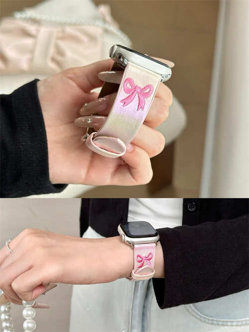 Apple Watch バンド アップルウォッチ 時計 腕時計 レディース レザー 革 ブレスレット ストラップ レトロ リボン 刺繍 キラキラ スマート Y2K 光沢 シルバー ピンク リボンコア 第2世代 おしゃれ 韓国 可愛い 大人 バレエコア 40mm 44mm 45mm