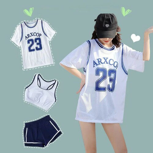 レディース 水着 3点セット 3ピース ビキニ セット セパレート タンキニ 女性 カジュアル スポーティ 体型カバー トレンド カジュアル レトロ Y2K セクシー スポーティー 韓国 おしゃれ かわいい 緑 青 数字 Tシャツ ナンバーTシャツ 露出控え目 海水浴