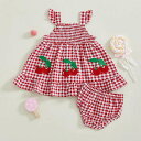 子ども こども服 チェリー レトロ チェック ノースリーブ ワンピース フリル 袖なし シャーリング サマードレス 春 夏服 かわいい 女の子 旅行 涼しい 赤ちゃん カジュアル ショーツ パンツ付き インナー かわいい おしゃれ セット 赤 レッド キッズ ファッション