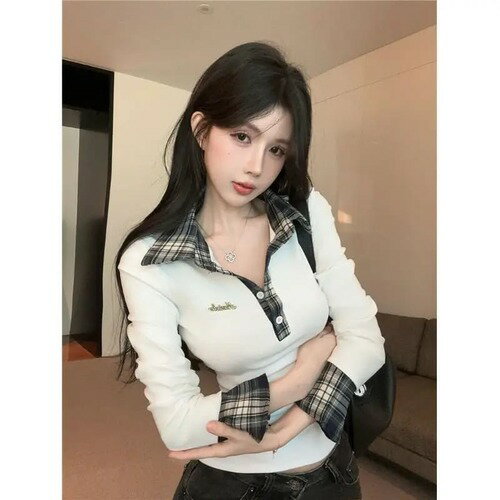 レディース チェック 袖 プレッピーコア デザイン 長袖 トップス シャツ 開襟 ハーフボタン プルオーバー 韓国 レトロ Y2K 白 黒 グレー 大きいサイズ ヴィンテージチェック カジュアル きれいめ かわいい おしゃれ 春 秋 秋冬 シンプル タイト ショート丈 女の子(4)