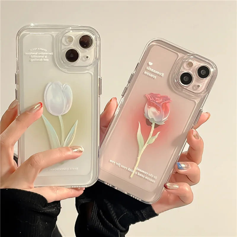 Rakuten - iPhone ケース クリア 韓国 カバー 花 チューリップ 薔薇 グラデーション チューリップ プリント 大人可愛い おそろい 黄ばまない シンプル 花柄 イラスト 絵 プリント ピンク 青 お揃い 耐衝撃 きれいめ 上品 スマホケース 16 15 pro max plus