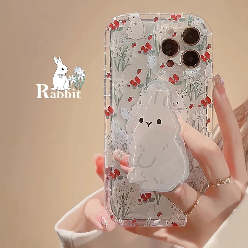 Rakuten - iPhone ケース カバー 韓国 うさぎ リング付き グリップ くすみカラー スマホ かわいい おしゃれ 耐衝撃 黄ばみにくい アニマル 花 花柄 レトロ ヴィンテージ 小花 ナチュラル 動物 動画視聴 スマホグリップ 平成 女の子 キャラクター 17 16 15 14 13 pro max