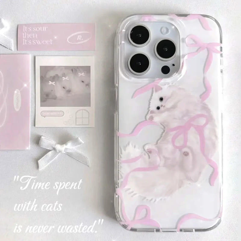 乐天商城 - iPhone ケース カバー 韓国 ピンク リボン 猫 キャット 動物 ねこ スマホ 超薄型 ラブリー 可愛い おしゃれ トレンド 耐衝撃 保護 バレエコア レトロ Y2K 女の子 フレンチガーリー プリント 印刷 アニマル スマホケース 16 15 14 13 pro max