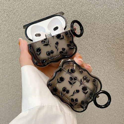 Airpods ケース 韓国 バラ かわいい おしゃれ 黒 ウェーブ なみなみ うねうね フック付き クリア 花 pro 第二世代 第三世代 四角 イヤホン カバー 耐衝撃 半透明 クリア ワイヤレス 大人可愛い バッグ きれいめ Pro3