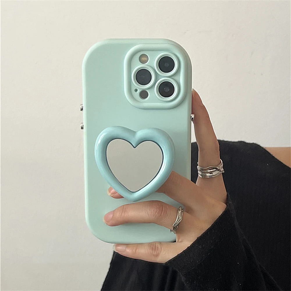 iPhone ケース 韓国 ハート グリップ付き スタンド機能 ミラー 鏡 シリコン 丸みのある カバー スマホケース Y2K レトロ アメリカン かわいい おしゃれ 女の子 お揃い ペア 青 黒 黄色 カメラ保護 xs 11 12 13 14 15 plus pro max
