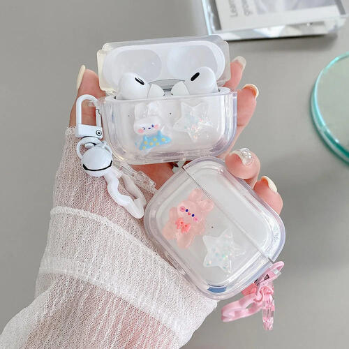 Rakuten - AirPods ケース 韓国 透明 クリア 立体 うさぎ 3D かわいい おしゃれ レトロ キラキラ 星 スター pro 第2世代 第3世代 第4世代 チャーム付き 鈴 Y2K 平成女児 キャラクター キラキラ シンプル 耐衝撃 アクセサリー ピンク 水色 ワイヤレスイヤホン