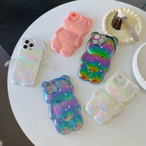 iPhone ケース くま型 熊 動物 おしゃれ キラキラ オーロラ 透明 かわいい 韓国 おもしろ 衝撃に強い 持ちやすい お揃い 耐衝撃 推し活 推し 挟む 光沢 アニマル 動物 Y2K 平成 原宿系 高校生 11 12 13 14 15 16 pro max