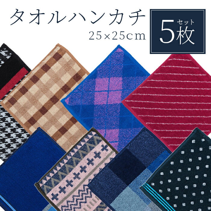 タオルハンカチ メンズ 綿100% 5枚セット 吸湿性 速乾性 コンパクト パイル地 手触り 25×25cm