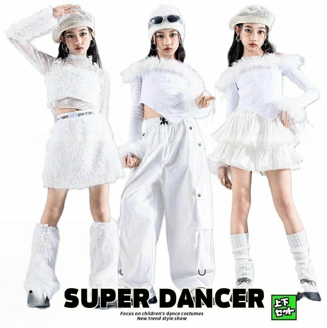 Rakuten - 【この価格はSALEだけ！2点で300円OFF＆SSP5倍！】ダンス衣装 ガールズ 衣装 白 K-POP 韓国 ジャズ キッズダンス衣装 セットアップ ふわふわ ファー オフショルトップス パンツ ダンスウェア 子供ダンス服 フリルスカート