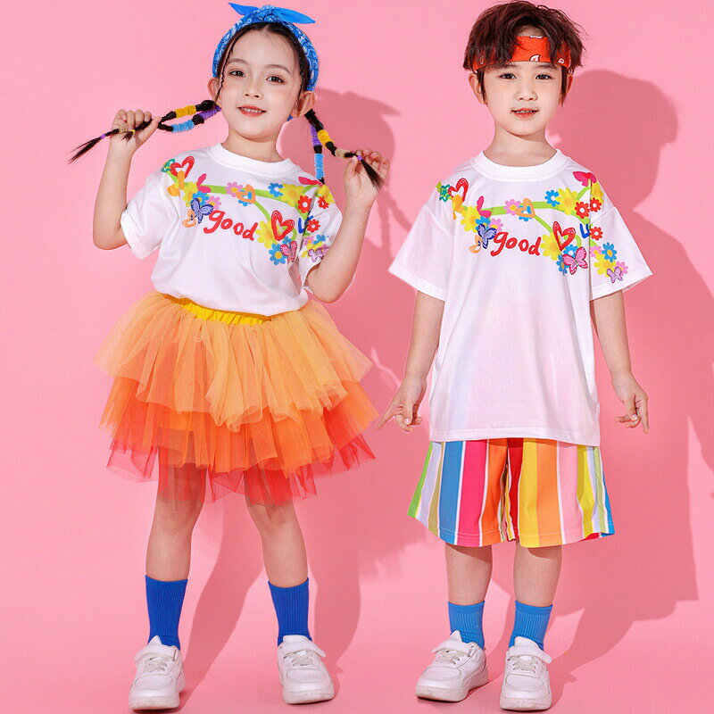 Rakuten - 【この価格はSALEだけ！2点で300円OFF＆SSP5倍！】キッズ舞台衣装 チアダンス衣装 男の子 女の子 Tシャツ 半袖 花プリント チュチュスカート カラフルストライプパンツ 演出服 コスチューム ジュニア イベント オシャレ 子供団体服