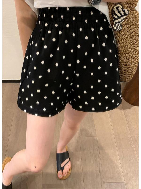 Rakuten - レディース ショートパンツ ブラック ポルカドット柄 ワイドレッグ ハイウエスト ゆったりシルエット スリム見え 夏用 薄手 カジュアル 普段使い 伸縮性 軽量 膝上丈