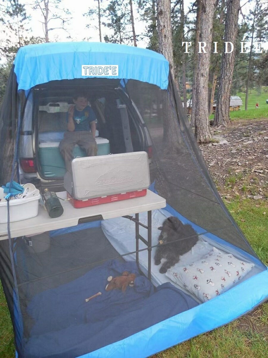 車 バック ドア テント キャンプテント 車のバックドア連結 TRIDEE 快適スペース 3面防虫メッシュ仕様 車内と行き来が可能 カバー付 簡単設置テントの車ボディー接触部分にマグネットが内蔵されており簡単に取り外しできます。通販格安セール情報　楽天　通販