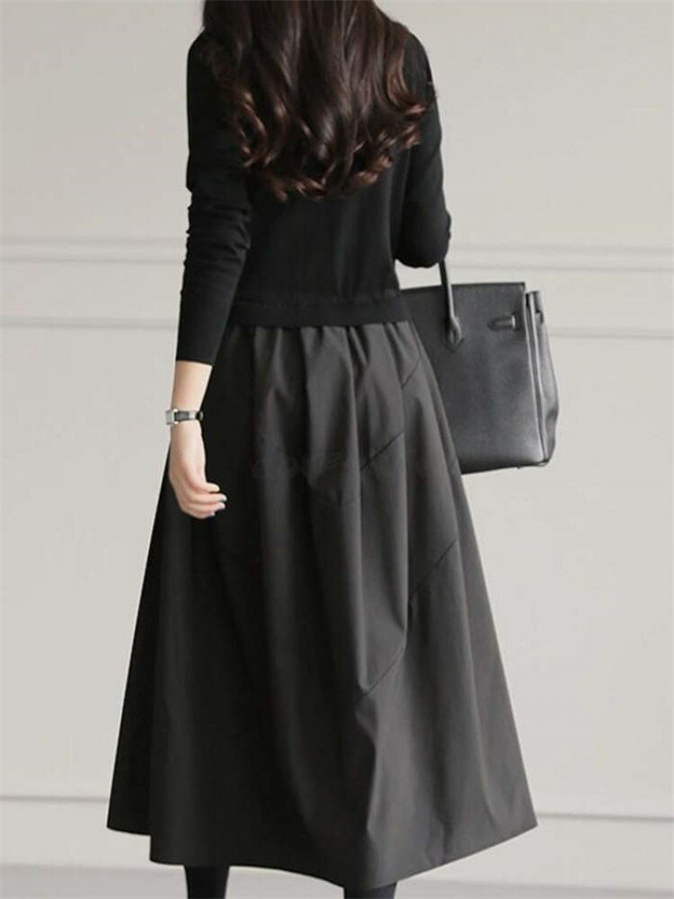 ワンピース きれいめ 秋冬 ロング 春 切り替えワンピース フォーマル Aライン 長袖 ニット カジュアル マキシ丈 膝下丈 お洒落 シンプル チェック柄 通勤 オフィス ゆったり 5 40代 30代