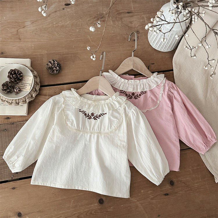 ベビー服 子供服 ブラウス シャツ 襟付き カットソー 長袖 背中ボタン キッズ フォーマル トップス 女の子 春 秋 冬 丸襟 子ども服 おしゃれ フリル かわいい 結婚式 入学式 入園式