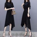 シフォンワンピース きれいめ シフォン ワンピース ミモレ丈 ロング丈 半袖 ロングワンピース きれいめワンピース 30代 40代 50代 アシンメトリー 春 夏 大人 上品 同窓会 x 黒 aライン