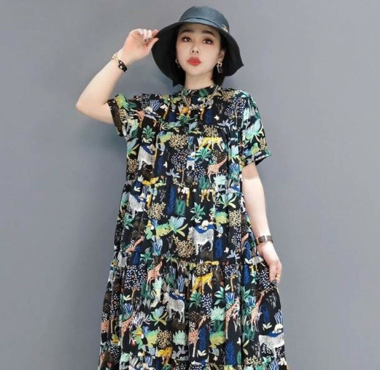 【スーパーSALE先着10名：600円Offクーポン】ワンピース シャツワンピース ティアードワンピース ロング丈 半袖 襟付き Aライン かわいい アジアン エスニック 個性的 アニマル柄 夏 秋 お出かけ ブラック ゆったり リゾート 休日