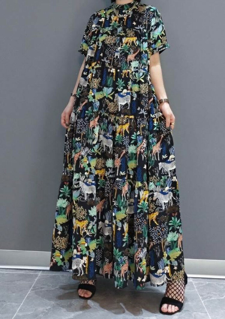 【スーパーSALE先着10名：600円Offクーポン】ワンピース シャツワンピース ティアードワンピース ロング丈 半袖 襟付き Aライン かわいい アジアン エスニック 個性的 アニマル柄 夏 秋 お出かけ ブラック ゆったり リゾート 休日