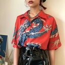 柄シャツ シャツ 半袖 ドラゴン柄 昇り龍 竜 プリント 赤 紺色 ビッグシルエット トップス ダンス 衣装 ヒップホップ コスチューム 韓国ファッション 大きいサイズ 原宿系 服 個性的