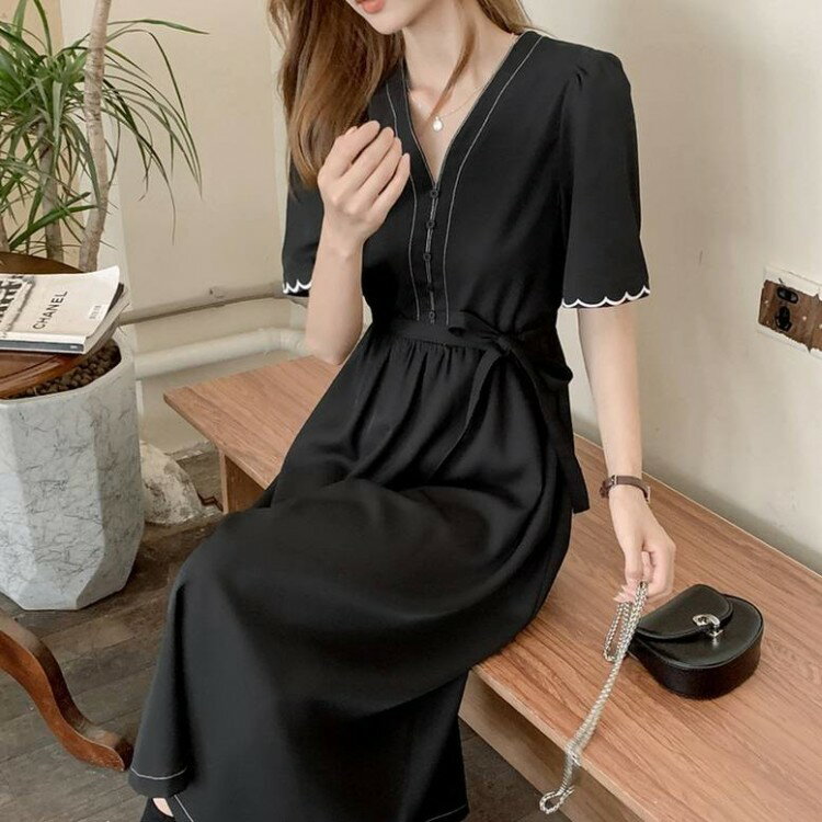 ワンピース ロング シャツ ワンピ レディース 半袖 スカラップ袖 Vネック 膝下 ひざ下 ミモレ ウエストマーク フレア かわいい おしゃれ カジュアル M S 大きいサイズ ガーリー