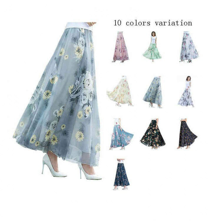 【期間限定2点購入で300円OFF！】シフォン フレアスカート レディース マキシ丈スカート ボヘミアン風 ハイウエスト ロングスカート ミモレ丈 ボトムス 花柄 ビーチスカート フレア 体型カバー ピーチスカート
