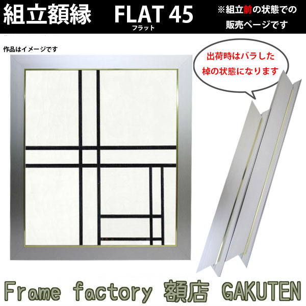 商品名組立額縁(組立前)　フラット45　80号サイズF80(1455×1120mm)、P80(1455×970mm)、M80(1455×894mm)外枠：シルバー色/内枠：シルバー・ゴールド・黒・赤（ご購入前に色選択より選んでからカートへお入れください) 色シルバー/ブラック/ホワイト商品情報 サイズ・素材F80(1455×1120mm)P80(1455×970mm)M80(1455×894mm)縁正面幅：45mm縁奥行：49mm作品厚：16〜41mmまで額装可能。※注※但し、作品が入る部分の額の深さは39mmなので、それ以上のサイズになるとキャンバスが後ろに少し飛び出る形となります。フレーム素材：アルミ商品説明展示会や大作用の組立額縁です。こちらの商品は組み立ててない棹状での出荷となりますので、ご自身で組み立てていただく必要がございます。額の表面がフラットな作りをしており、シャープな印象の「フラット45」は組立額縁の中で人気の高い商品です。組立額縁はバラして保管することができるので場所もとらないので、とても重宝します。大きなサイズでもアルミ製の為、反ったりヒビが入ったりという経年劣化の心配もなく、号数が上がるにつれ割安となっております。※日本製※特注制作：可能（お問い合わせ下さい） 付属品組立用金具一式オプション※専用額縁用吊り金具はこちら取扱いサイズ&gt;Fサイズ&gt;Pサイズ&gt;Mサイズ&gt;スクエアサイズ納期受注後1日から3日※配達地域によって変動あり。その他・注意事項商品画像は可能な限り実物に近づけて色補正しておりますが、ご使用のモニタによっては実際の色と異なって見える場合がございますので予めご了承下さい。展示会や大作用の組立額縁です。 こちらの商品は組み立ててない棹状での出荷となりますので、ご自身で組み立てていただく必要がございます。額の表面がフラットな作りをしており、シャープな印象の「フラット45」は組立額縁の中で人気の高い商品です。組立額縁はバラして保管することができるので場所もとらないので、とても重宝します。大きなサイズでもアルミ製の為、反ったりヒビが入ったりという経年劣化の心配もなく、号数が上がるにつれ割安となっております。