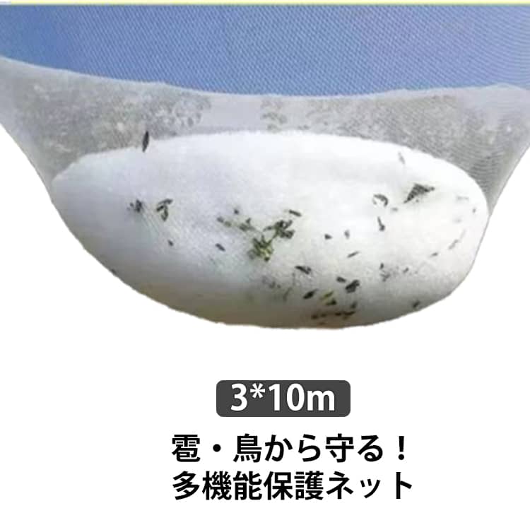 果実や作物を雹・鳥・害虫からしっかり守る多機能保護ネットです。ぶどうやさくらんぼなどの果樹栽培に最適で、果樹園やビニールハウスでも活躍します。通気性と採光性に優れ、植物の成長を妨げずにしっかり保護します。耐久性・耐候性・耐腐食性に優れた素材を使用し、長期間安心してご使用いただけます。軽量で扱いやすく、設置や取り外しも簡単です。 サイズ 6mm目 8mm目 サイズについての説明 【サイズ】3*10m 、6mm目/8mm目 素材 【素材】PE素材 色 3×10m 備考 ●サイズ詳細等の測り方はスタッフ間で統一、徹底はしておりますが、実寸は商品によって若干の誤差(1cm～3cm )がある場合がございますので、予めご了承ください。 ●製造ロットにより、細部形状の違いや、同色でも色味に多少の誤差が生じます。 ●パッケージは改良のため予告なく仕様を変更する場合があります。 ▼商品の色は、撮影時の光や、お客様のモニターの色具合などにより、実際の商品と異なる場合がございます。あらかじめ、ご了承ください。 ▼生地の特性上、やや匂いが強く感じられるものもございます。数日のご使用や陰干しなどで気になる匂いはほとんど感じられなくなります。 ▼同じ商品でも生産時期により形やサイズ、カラーに多少の誤差が生じる場合もございます。 ▼他店舗でも在庫を共有して販売をしている為、受注後欠品となる場合もございます。予め、ご了承お願い申し上げます。 ▼出荷前に全て検品を行っておりますが、万が一商品に不具合があった場合は、お問い合わせフォームまたはメールよりご連絡頂けます様お願い申し上げます。速やかに対応致しますのでご安心ください。