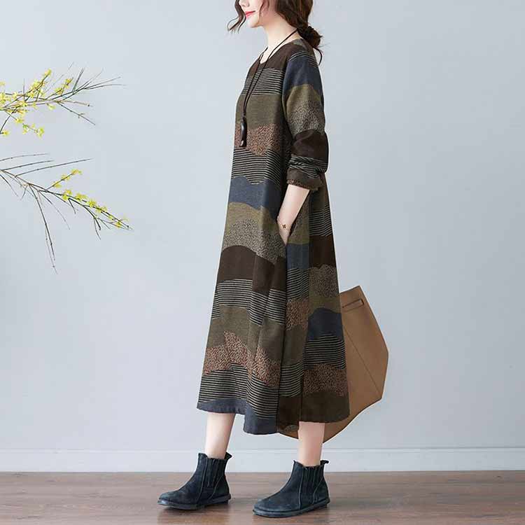 カジュアルワンピース 春 ボーダー 大きサイズ ロングワンピース 体型カバー ワンピース ロング丈 マルチカラー ゆったり クルーネック ワンピース 秋 30代