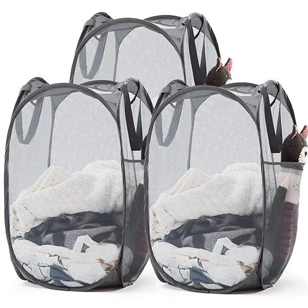 TECHMILLY ランドリーバスケット 折りたたみ 洗濯カゴ 大容量 71L メッシュ 省スペース 取っ手付き ランドリーバッグ 収納 洗濯物 袋 かご 持ち運び可能 軽量 旅行 ゴミ箱 (ライトグレー、3PCS)