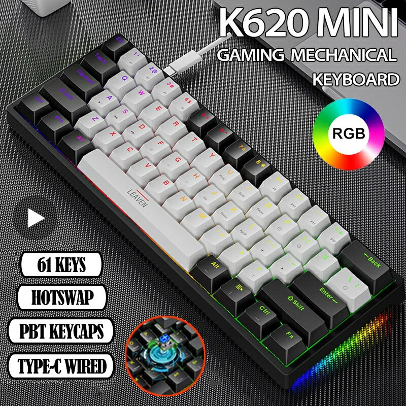 【海外発送】K620 ミニバックライト付き RGB ゲーミングメカニカルキーボードゲーマーメカニックキット 60 パーセント DIY カスタム PBT キーキャップホットスワップピンクホワイト USB PC